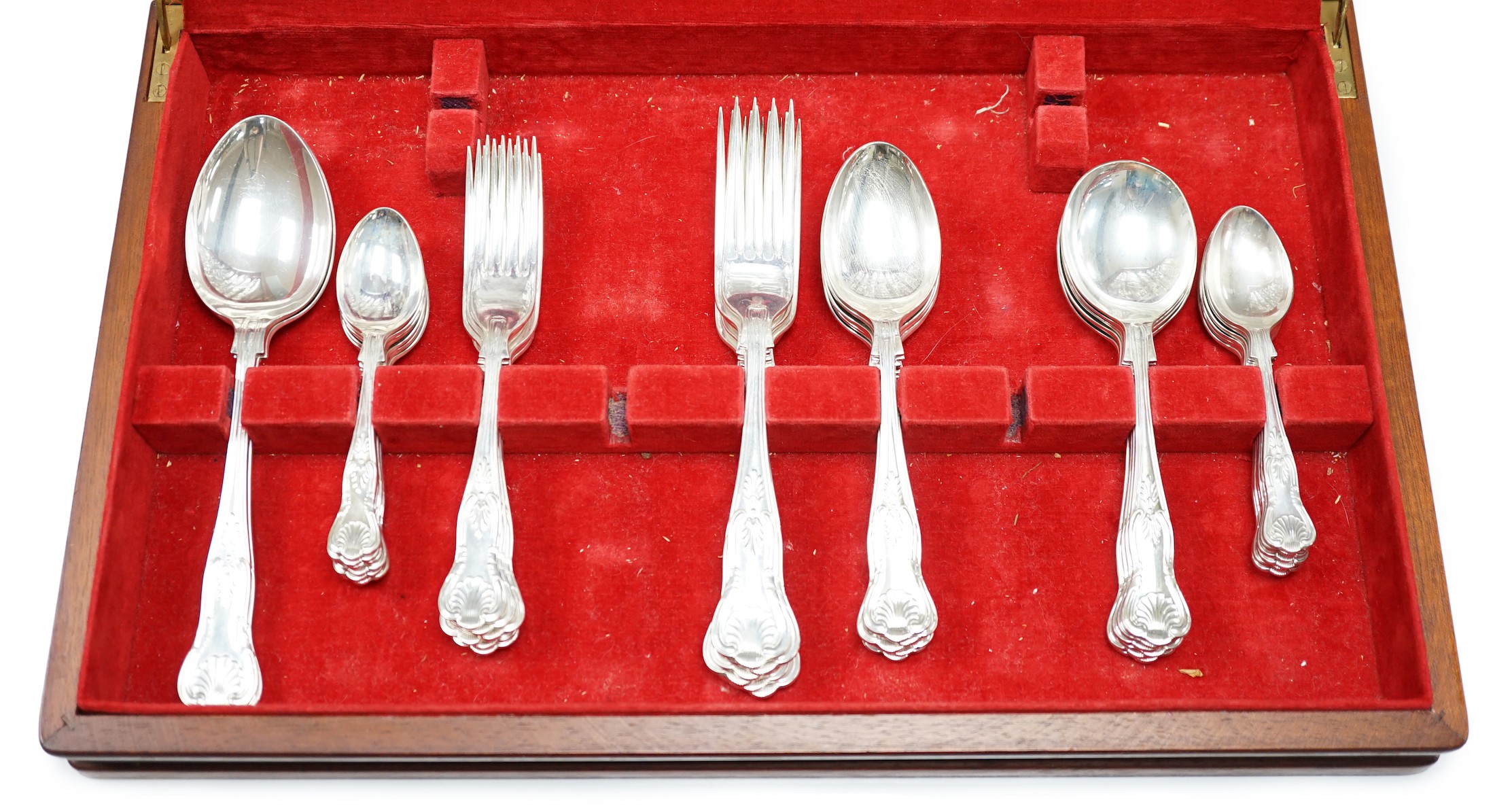An Elizabeth II canteen of silver King's pattern cutlery for six, by Argentum Ltd, Sheffield, 1995/96, comprising fifty items, weighable silver, 81.6oz, in a fitted wooden canteen.